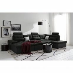 Fredriks Wohnlandschaft Puntiro I - Kunstleder Lilo / Strukturstoff Satur: Schwarz / Anthrazit - Longchair davorstehend links / Ottomane rechts -WOHNZIMMERMÖBEL Verkäufe 1000021540 210614 18402100128 DETAILS P000000001000021540