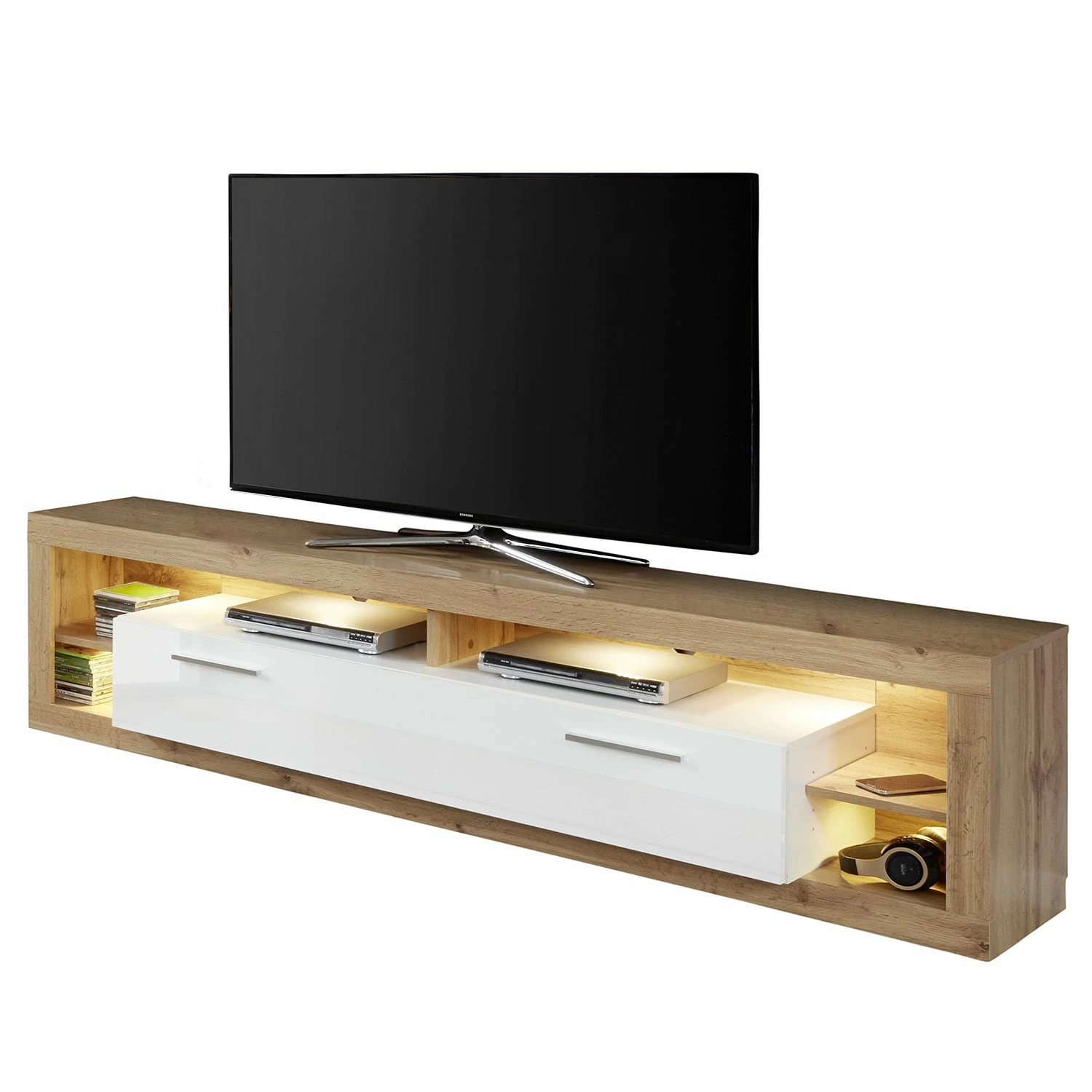 Trendteam TV-Lowboard Rock - Hochglanz Weiß / Wotan Eiche Dekor - Breite: 200 cm 1 Trendteam TV-Lowboard Rock - Hochglanz Weiß / Wotan Eiche Dekor - Breite: 200 cm