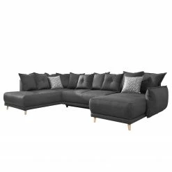 Loftscape Wohnlandschaft Panica I - Webstoff - Schlaffunktion - Dunkelgrau - Ottomane davorstehend links