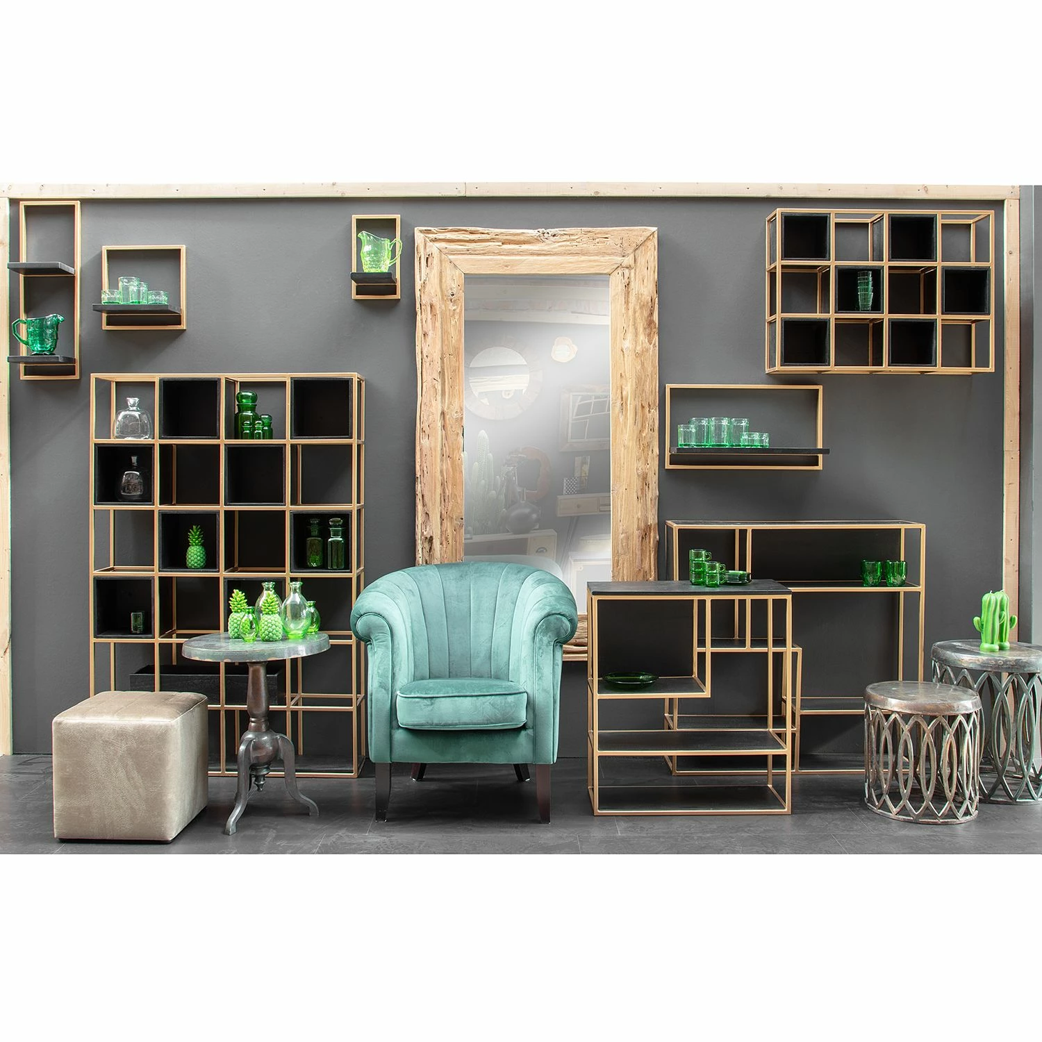 Jack & Alice Regalwand Harbin II - Akazie massiv - Akazie Schwarz / Gold 2 Jack & Alice Regalwand Harbin II - Akazie massiv - Akazie Schwarz / Gold – Bild 2