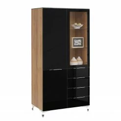 Maja Möbel Vitrinenschrank Shino - Inkl. Beleuchtung - Glas Schwarz / Eiche Riviera Dekor