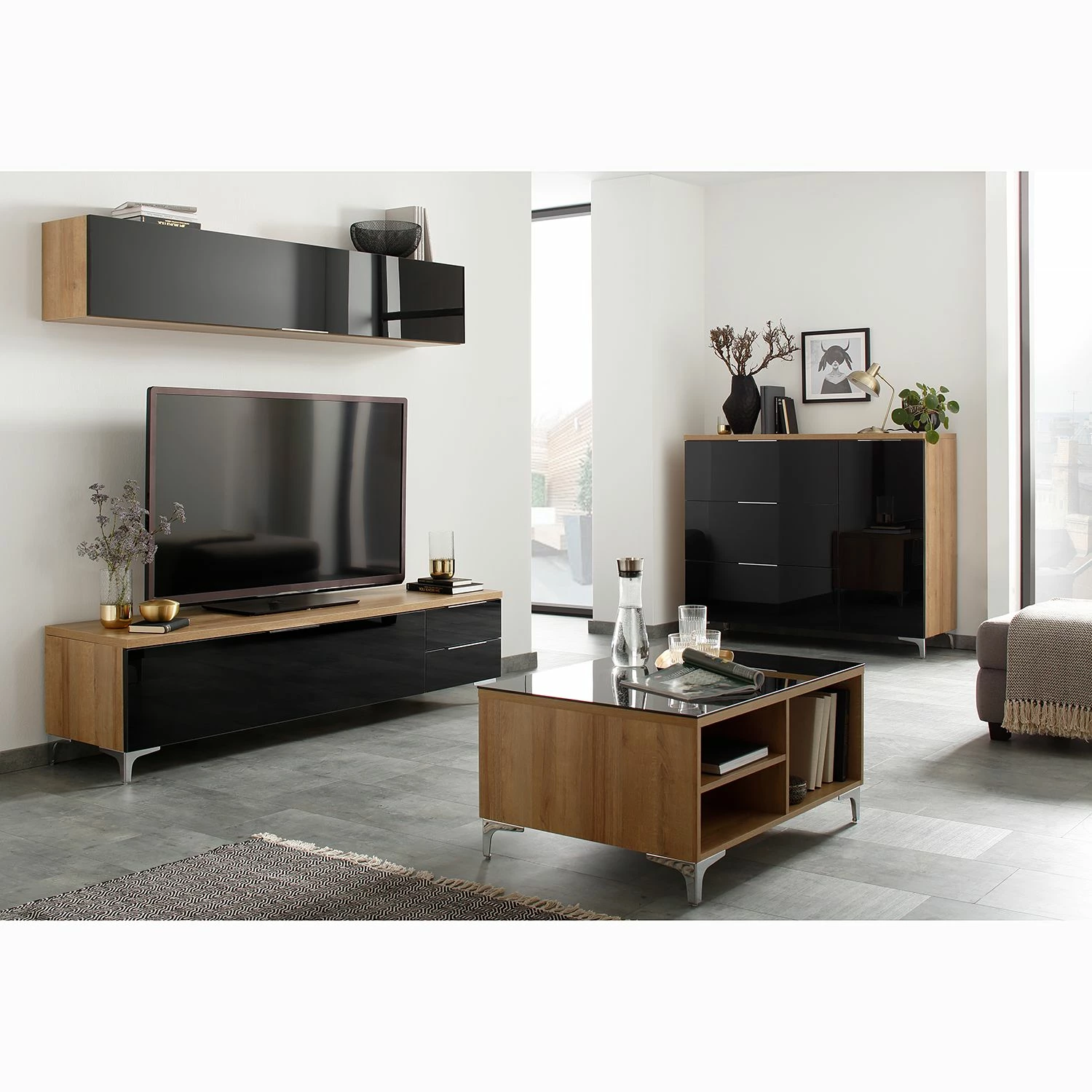 Maja Möbel Couchtisch Shino - Glas Schwarz / Eiche Riviera Dekor 3 Maja Möbel Couchtisch Shino - Glas Schwarz / Eiche Riviera Dekor – Bild 3