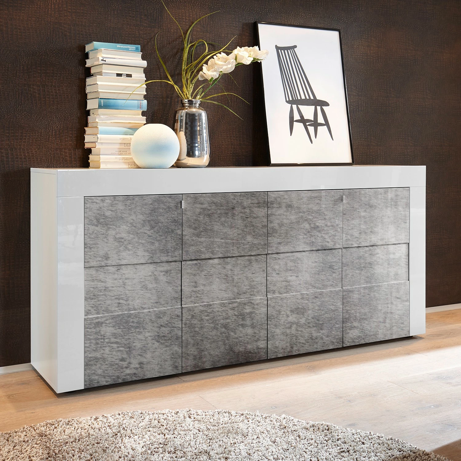 LC Spa Sideboard Easy III - Hochglanz Weiß / Beton Dekor 2 LC Spa Sideboard Easy III - Hochglanz Weiß / Beton Dekor – Bild 2