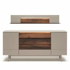 GWINNER Sideboard Misano II (2-teilig) - Inkl. Beleuchtung - Echtholzfurnier - Saharagrau / Balkeneiche
