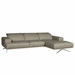 Loftscape Ecksofa Iglesia - Echtleder - Echtleder Nadra: Grau - Longchair davorstehend rechts - Silber - Buche