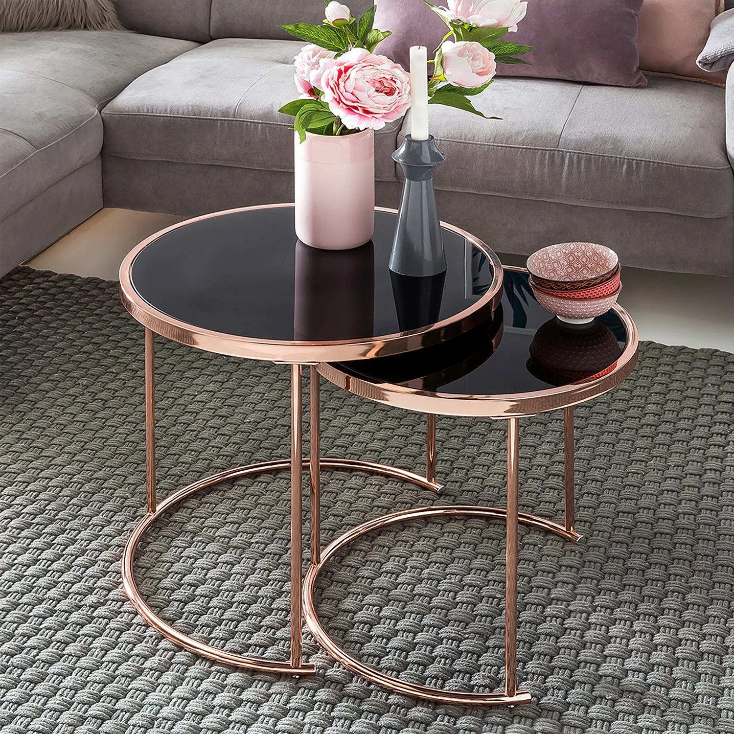 Jack & Alice Beistelltisch Cassapolis (2er-Set) - Glas / Metall - Schwarz / Kupfer 2 Jack & Alice Beistelltisch Cassapolis (2er-Set) - Glas / Metall - Schwarz / Kupfer – Bild 2