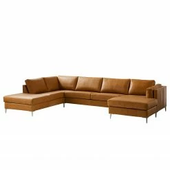 Studio Copenhagen Wohnlandschaft COSO Classic+ - Echtleder Taru: Hellbraun - Longchair davorstehend rechts / Ottomane links - Bettkasten - Chrom glänzend