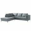 Studio Copenhagen Ecksofa COSO Classic+ mit Ottomane - Webstoff Inze: Graublau - Breite: 245 cm - Ottomane davorstehend links - Bettkasten - Eiche Dunkel