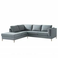 Studio Copenhagen Ecksofa COSO Classic+ mit Ottomane - Webstoff Inze: Graublau - Breite: 245 cm - Ottomane davorstehend links - Bettkasten - Eiche Dunkel