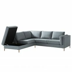 Studio Copenhagen Ecksofa COSO Classic+ mit Ottomane - Webstoff Inze: Graublau - Breite: 245 cm - Ottomane davorstehend links - Bettkasten - Eiche Dunkel -WOHNZIMMERMÖBEL Verkäufe 1000212851 200825 13002700832 DETAILS P000000001000212851