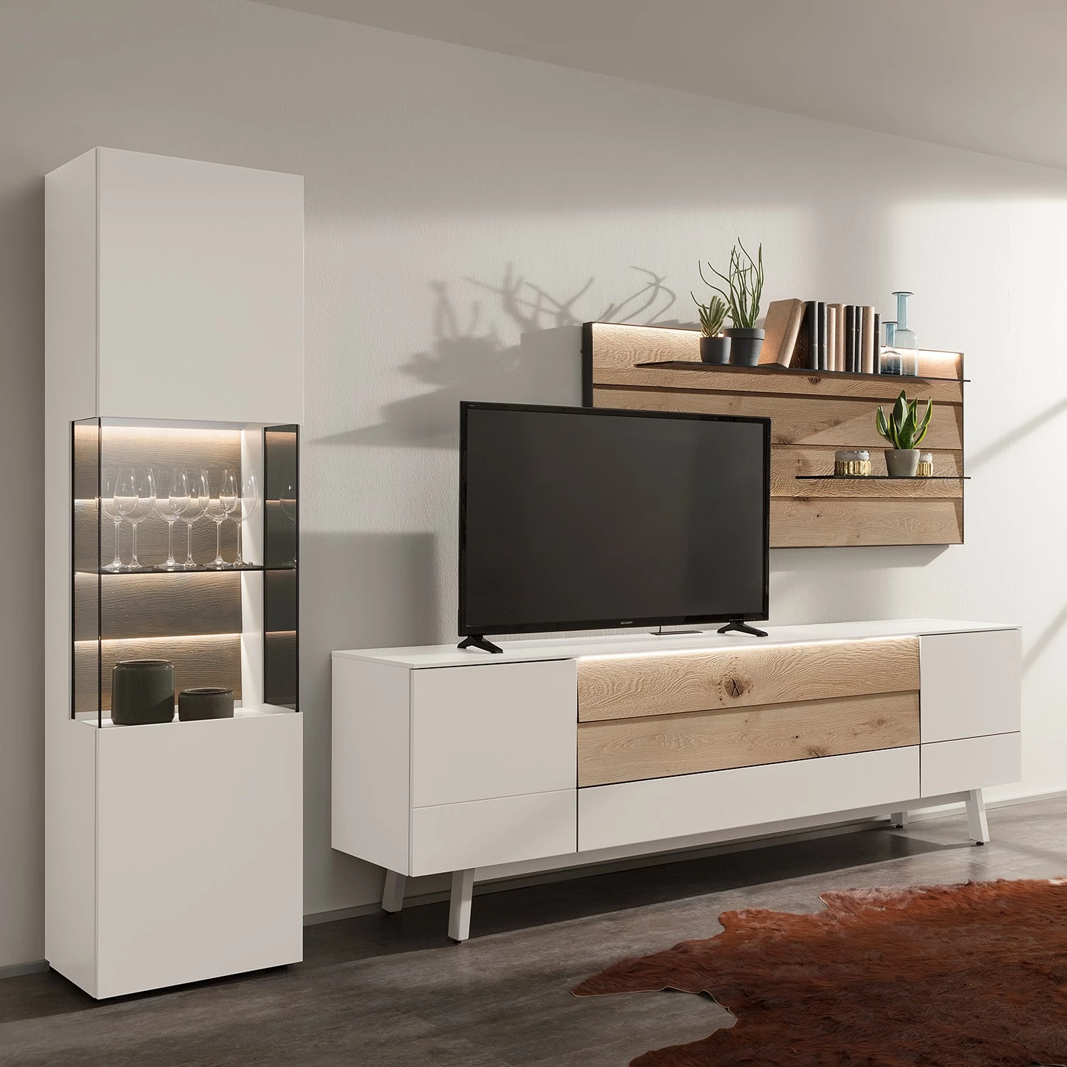 GWINNER Wohnkombination Misano II (3-teilig) - Weiß / Wildeiche - Mit Beleuchtung 1 GWINNER Wohnkombination Misano II (3-teilig) - Weiß / Wildeiche - Mit Beleuchtung