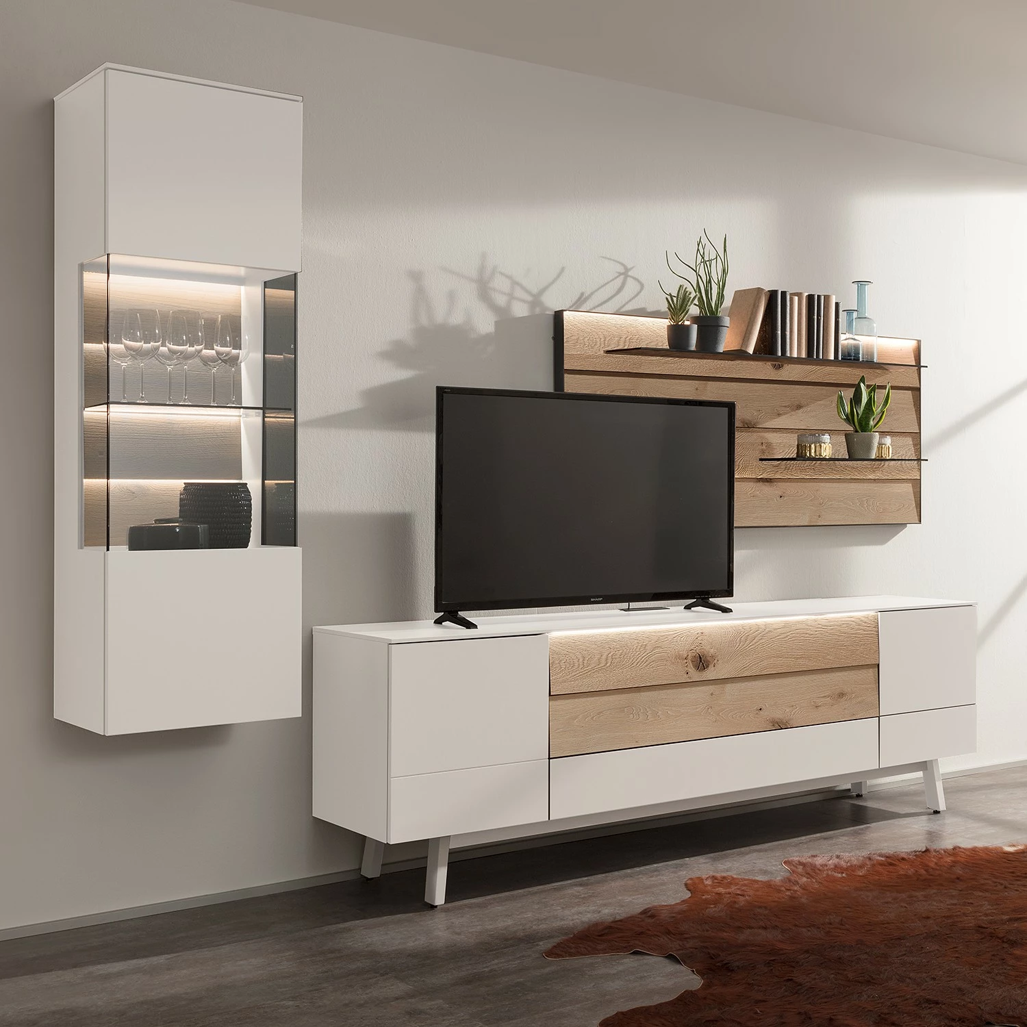 GWINNER Wohnkombination Misano I (3-teilig) - Weiß / Wildeiche - Mit Beleuchtung 1 GWINNER Wohnkombination Misano I (3-teilig) - Weiß / Wildeiche - Mit Beleuchtung