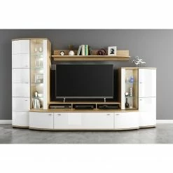 Loftscape Wohnwand Colcord (4-teilig) - Hochglanz Weiß / Eiche Dekor