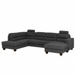 Fredriks Wohnlandschaft Valines - Webstoff - Webstoff Kona: Schwarz - Longchair davorstehend rechts / Ottomane links - Mit Schlaffunktion - Mit Kopfstütze