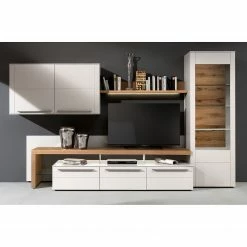 GWINNER Wohnwand Bellano I (4-teilig) - Echtholzfurnier - Matt Weiß / Balkeneiche - Ausrichtung links - Ohne Beleuchtung