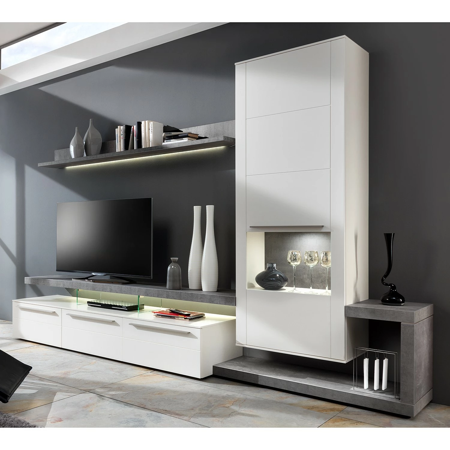 GWINNER Wohnwand Bellano II (3-teilig) - Matt Weiß / Beton Dekor - Ausrichtung rechts - Mit Beleuchtung 1 GWINNER Wohnwand Bellano II (3-teilig) - Matt Weiß / Beton Dekor - Ausrichtung rechts - Mit Beleuchtung