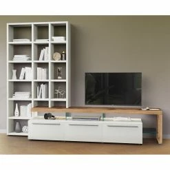 GWINNER Wohnkombination Bellano I (2-teilig) - Echtholzfurnier - Matt Weiß / Balkeneiche - Ausrichtung rechts - Mit Beleuchtung