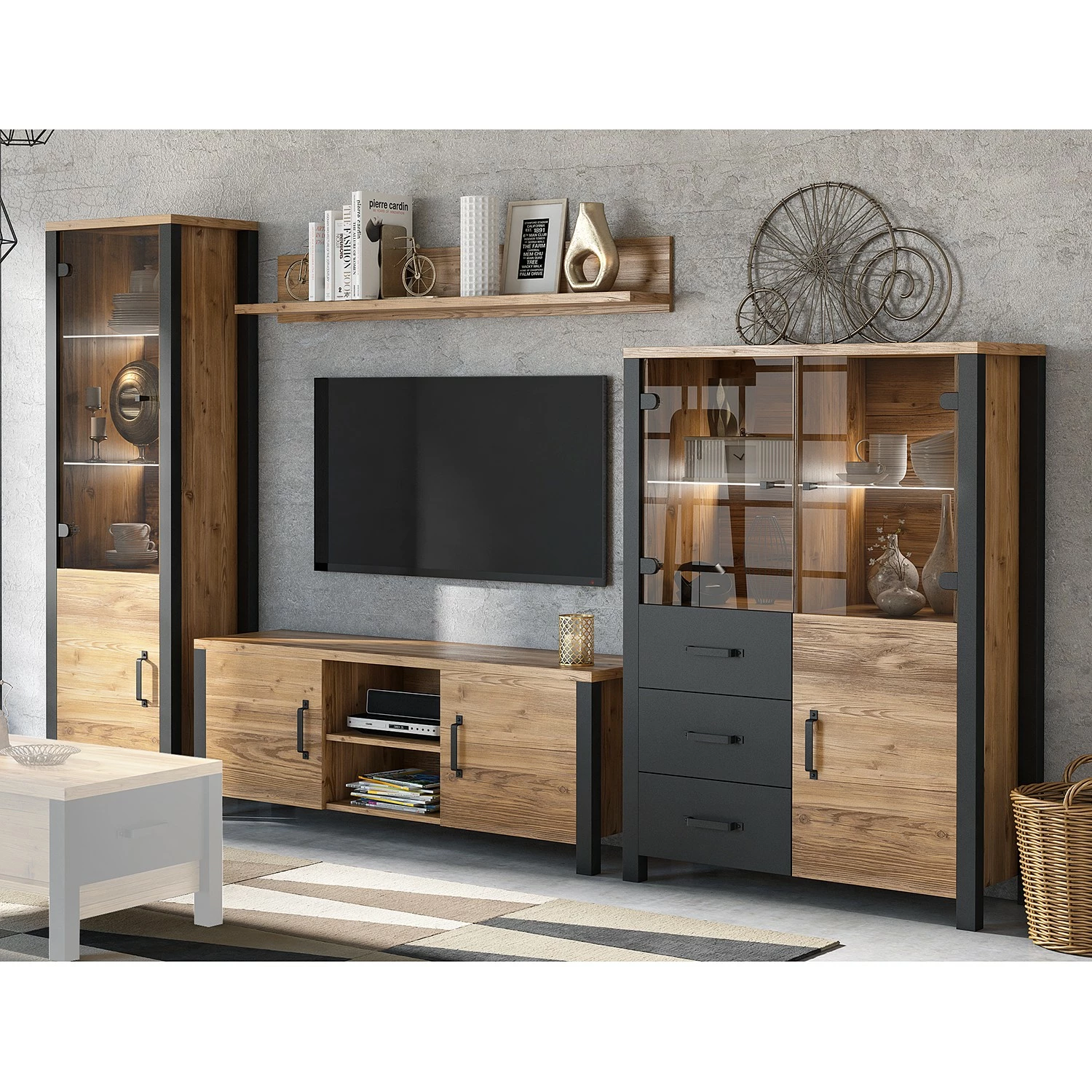 Red Living Wohnwand Velleron I (4-teilig) - Fichte Dekor / Matt Schwarz 1 Red Living Wohnwand Velleron I (4-teilig) - Fichte Dekor / Matt Schwarz