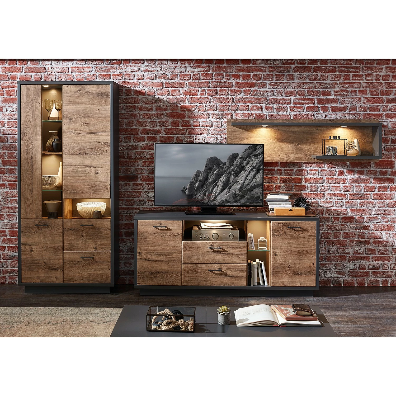 Red Living Wohnwand Batey II (3-teilig) - Haveleiche Dekor / Graphit 1 Red Living Wohnwand Batey II (3-teilig) - Haveleiche Dekor / Graphit