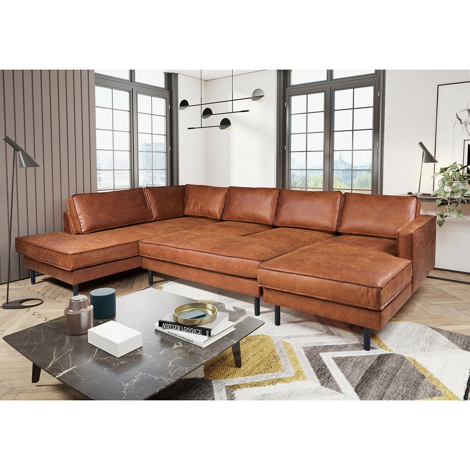 Wohnlandschaft FORT DODGE - Antiklederlook - Microfaser Yaka: Cognac - Longchair davorstehend rechts / Ottomane links - Mit Hocker 2 Wohnlandschaft FORT DODGE - Antiklederlook - Microfaser Yaka: Cognac - Longchair davorstehend rechts / Ottomane links - Mit Hocker – Bild 2