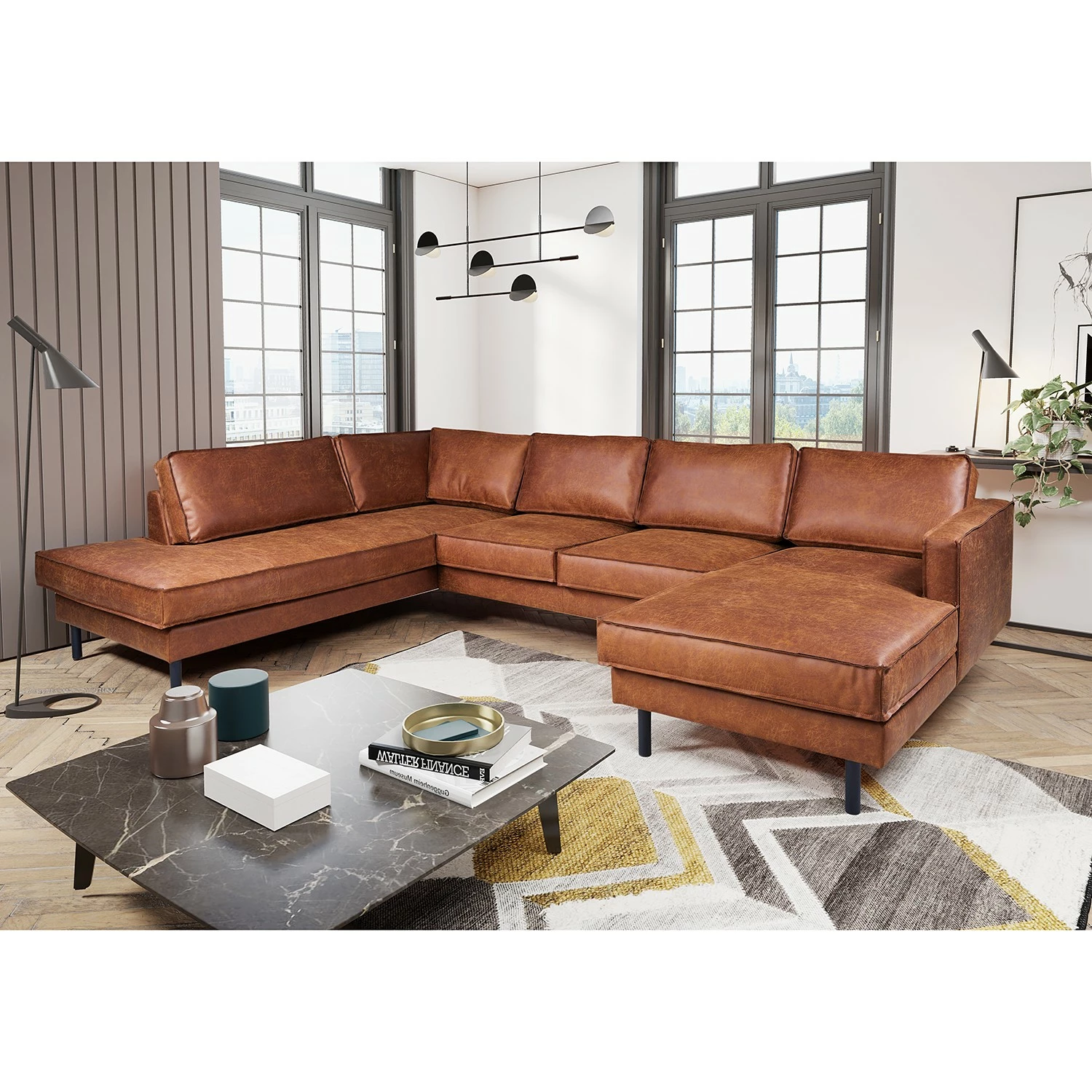 Wohnlandschaft FORT DODGE - Antiklederlook - Microfaser Yaka: Cognac - Longchair davorstehend rechts / Ottomane links - Mit Hocker 3 Wohnlandschaft FORT DODGE - Antiklederlook - Microfaser Yaka: Cognac - Longchair davorstehend rechts / Ottomane links - Mit Hocker – Bild 3