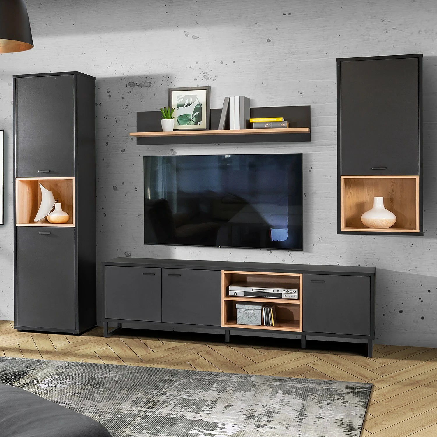 Loftscape Wohnwand Mazzo (4-teilig) - Schwarz / Eiche Artisan Dekor 1 Loftscape Wohnwand Mazzo (4-teilig) - Schwarz / Eiche Artisan Dekor