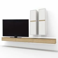 GWINNER Wohnwand Calea (3-teilig) - Inkl. Beleuchtung - Echtholzfurnier - Matt Weiß / Eiche - Ausrichtung rechts