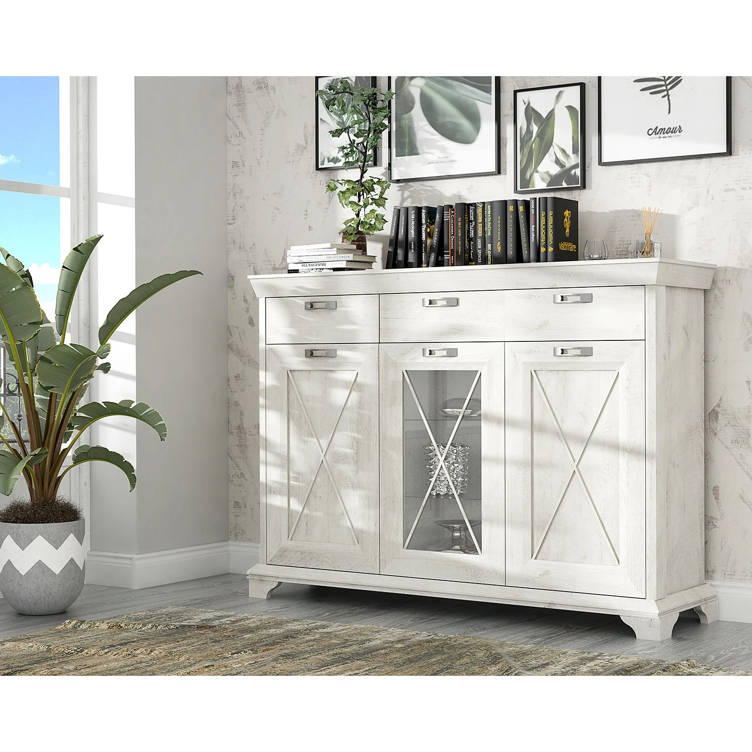 Ridgevalley Highboard Kimbark - Pinie Weiß Dekor 2 Ridgevalley Highboard Kimbark - Pinie Weiß Dekor – Bild 2