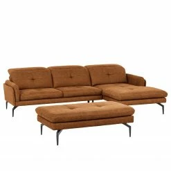 Loftscape Ecksofa Bosley - Antiklederlook - Microfaser Priya: Cognac - Longchair davorstehend rechts - Mit Hocker