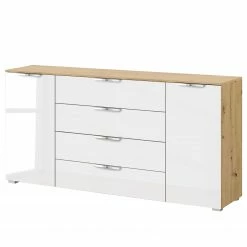 Sideboard SKØP x4+2 - Hochglanz Weiß / Eiche Artisan Dekor - Chrom