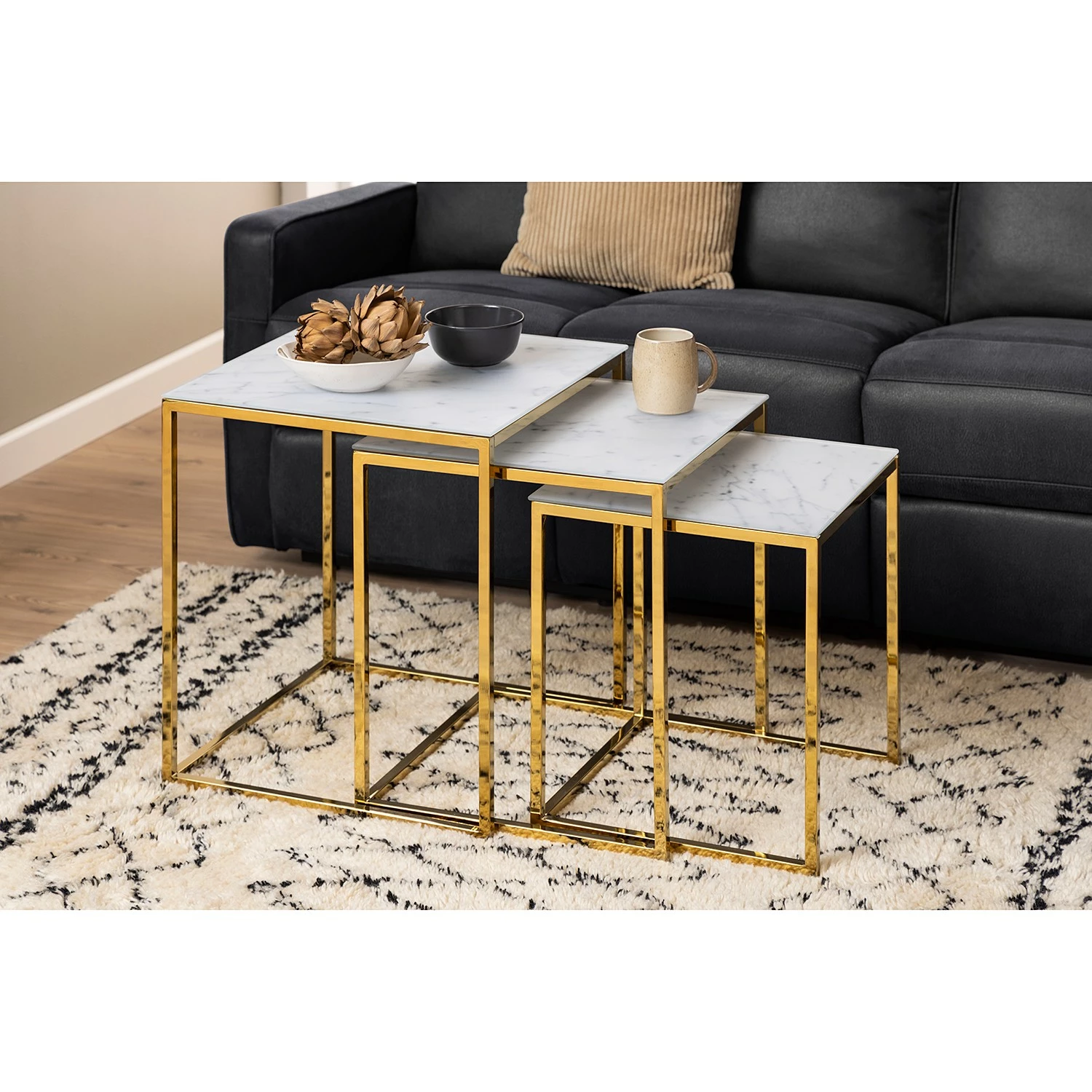 Fredriks Beistelltisch Katori I (3er-Set) - Glas / Metall - Marmor Weiß Dekor / Gold 3 Fredriks Beistelltisch Katori I (3er-Set) - Glas / Metall - Marmor Weiß Dekor / Gold – Bild 3
