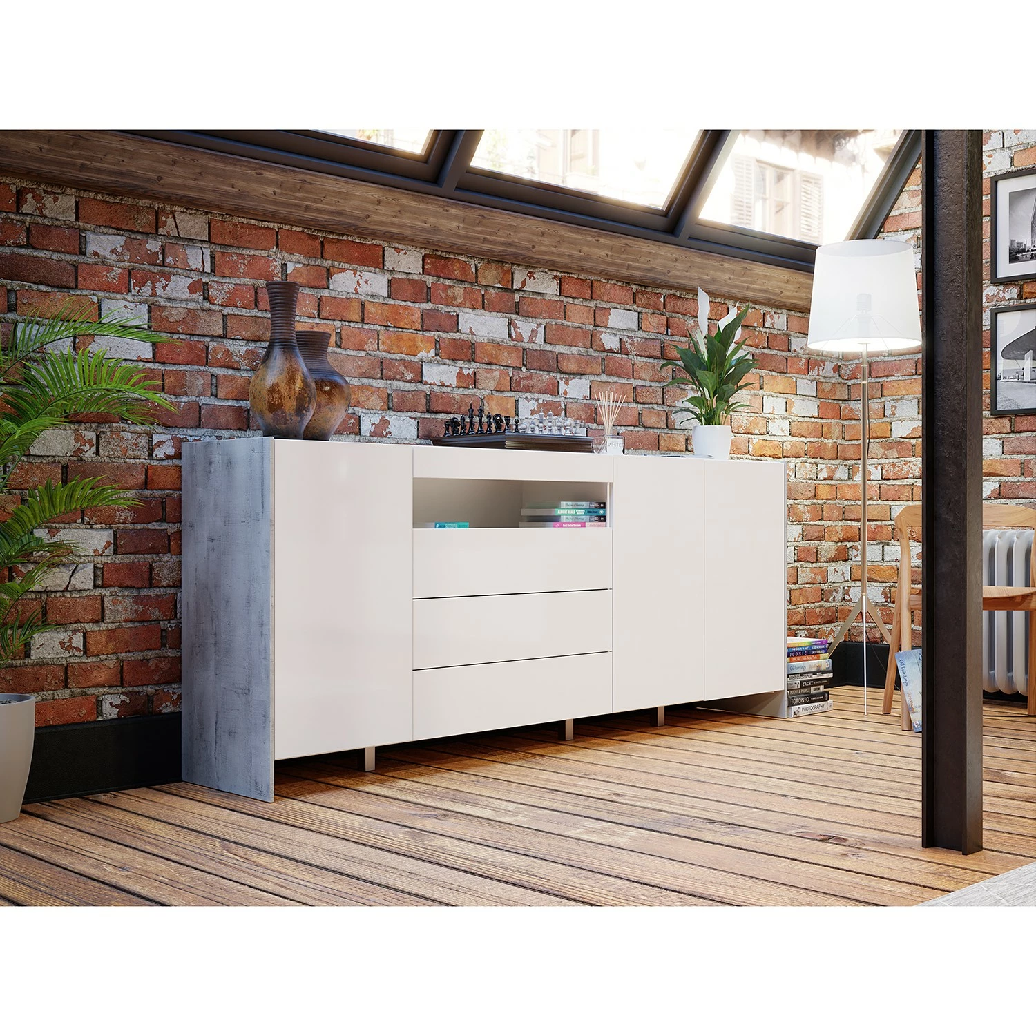 Loftscape Sideboard Urban II - Inkl. Beleuchtung - Weiß / Eiche Grau Dekor 2 Loftscape Sideboard Urban II - Inkl. Beleuchtung - Weiß / Eiche Grau Dekor – Bild 2