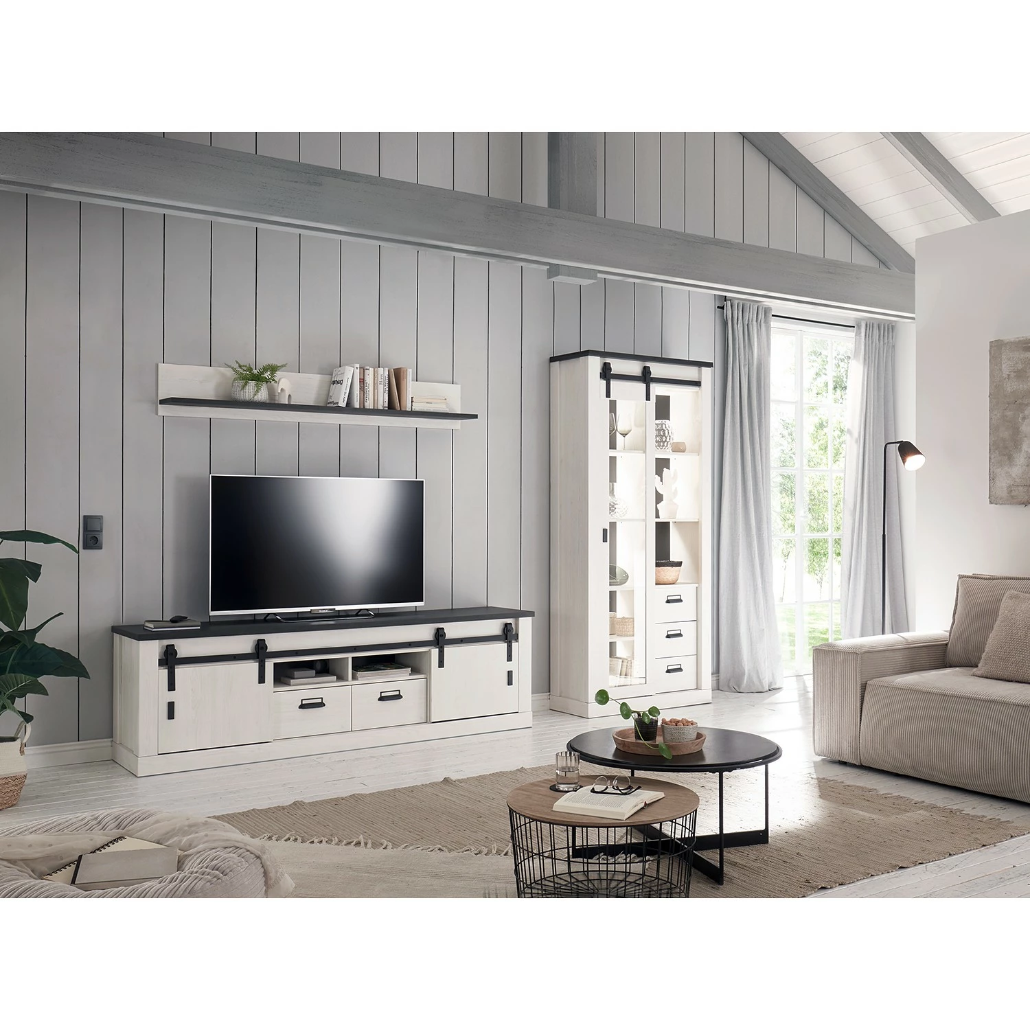 Ridgevalley Wohnwand Shutter V (3-teilig) - Pinie Weiß Dekor 2 Ridgevalley Wohnwand Shutter V (3-teilig) - Pinie Weiß Dekor – Bild 2