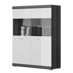 Loftscape Highboard Sarai - Hochglanz Weiß / Eiche Grau Dekor