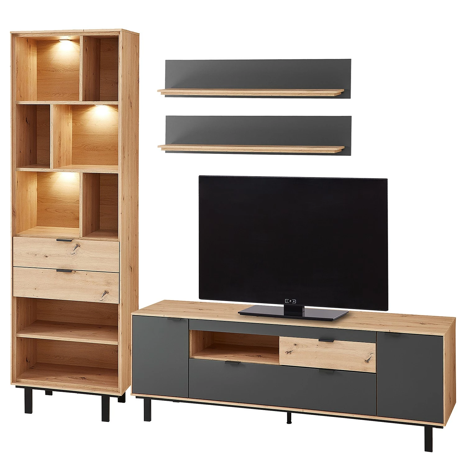Fashion For Home Wohnwand Leox II (4-teilig) - Inkl. Beleuchtung - Graphit / Eiche Artisan Dekor 1 Fashion For Home Wohnwand Leox II (4-teilig) - Inkl. Beleuchtung - Graphit / Eiche Artisan Dekor