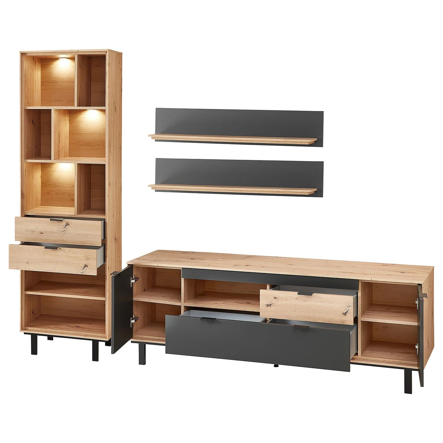 Fashion For Home Wohnwand Leox II (4-teilig) - Inkl. Beleuchtung - Graphit / Eiche Artisan Dekor 3 Fashion For Home Wohnwand Leox II (4-teilig) - Inkl. Beleuchtung - Graphit / Eiche Artisan Dekor – Bild 3