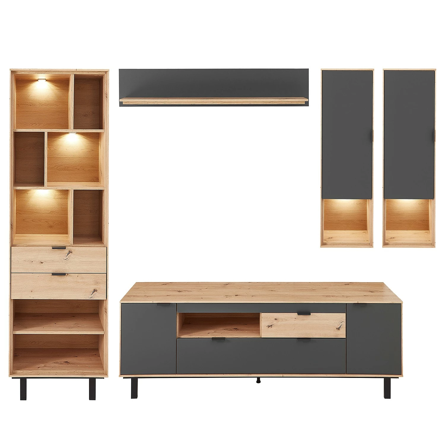 Fashion For Home Wohnwand Leox III (5-teilig) - Inkl. Beleuchtung - Graphit / Eiche Artisan Dekor 2 Fashion For Home Wohnwand Leox III (5-teilig) - Inkl. Beleuchtung - Graphit / Eiche Artisan Dekor – Bild 2