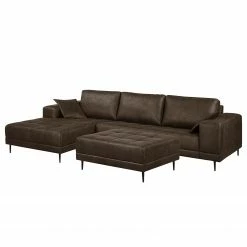 Ars manufacti Ecksofa Flesk Antiklederlook - Braun - Ottomane davorstehend links - Mit Hocker
