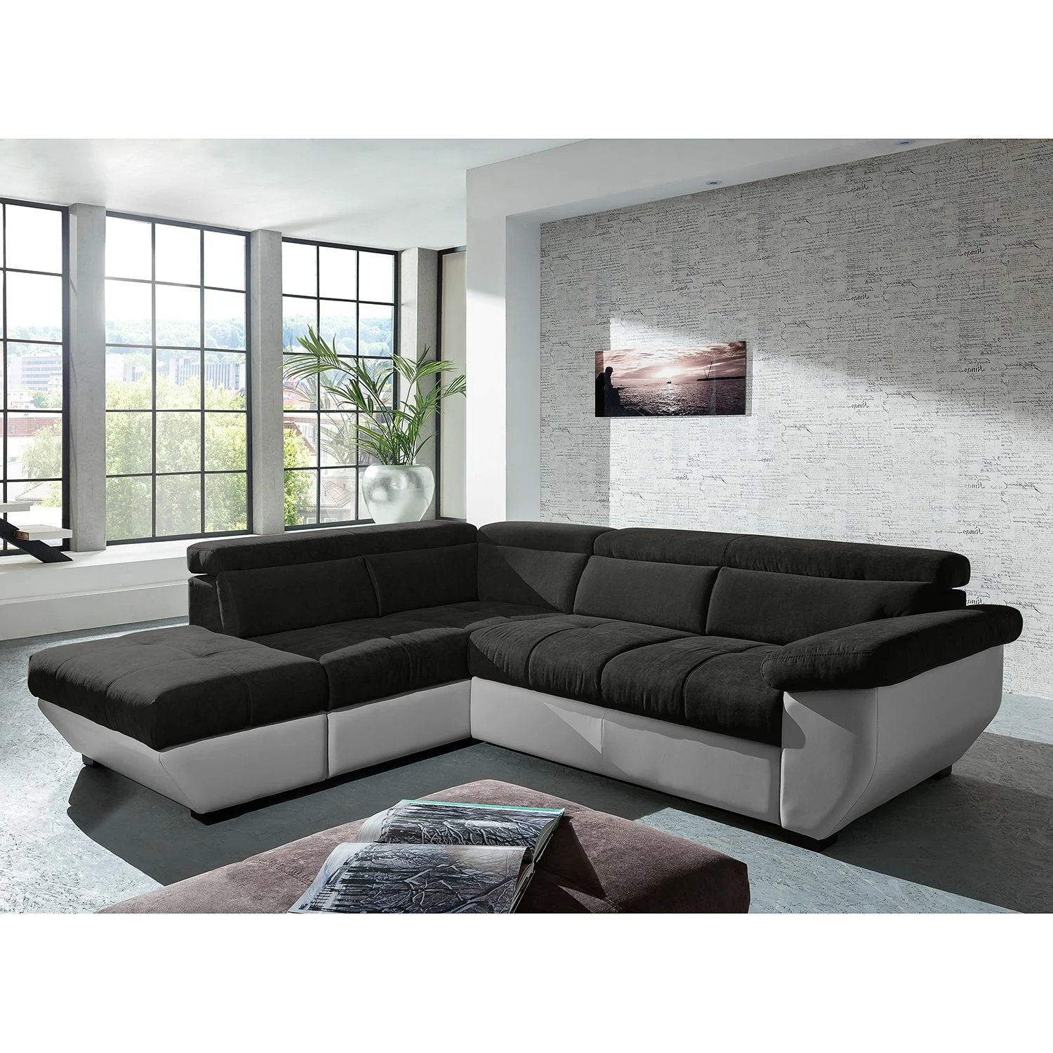 Cotta Ecksofa Estoi (mit Schlaffunktion) - Kunstleder / Flachgewebe - Kies / Dunkelbraun - Ottomane davorstehend links 4 Cotta Ecksofa Estoi (mit Schlaffunktion) - Kunstleder / Flachgewebe - Kies / Dunkelbraun - Ottomane davorstehend links – Bild 4