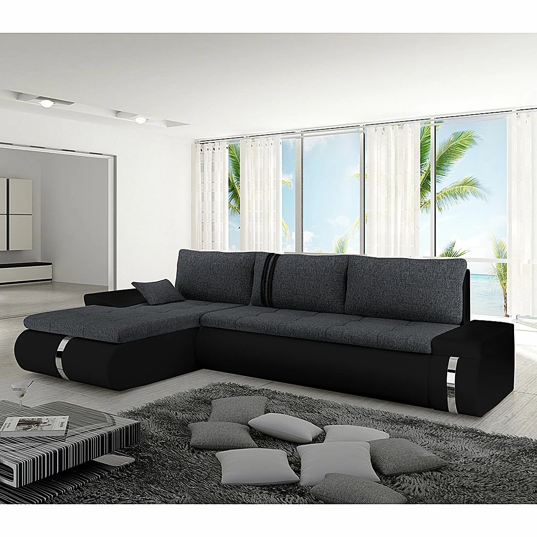 Mooved Ecksofa Huelva (mit Schlaffunktion) - Kunstleder/Webstoff - Schwarz / Grau - Longchair davorstehend links 2 Mooved Ecksofa Huelva (mit Schlaffunktion) - Kunstleder/Webstoff - Schwarz / Grau - Longchair davorstehend links – Bild 2