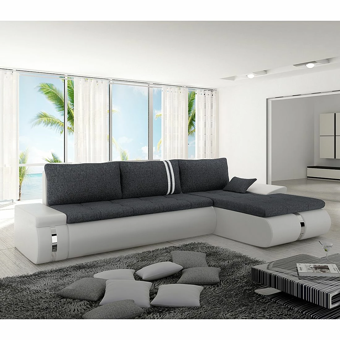 Mooved Ecksofa Huelva (mit Schlaffunktion) - Kunstleder/Webstoff - Weiß / Grau - Longchair davorstehend rechts 2 Mooved Ecksofa Huelva (mit Schlaffunktion) - Kunstleder/Webstoff - Weiß / Grau - Longchair davorstehend rechts – Bild 2