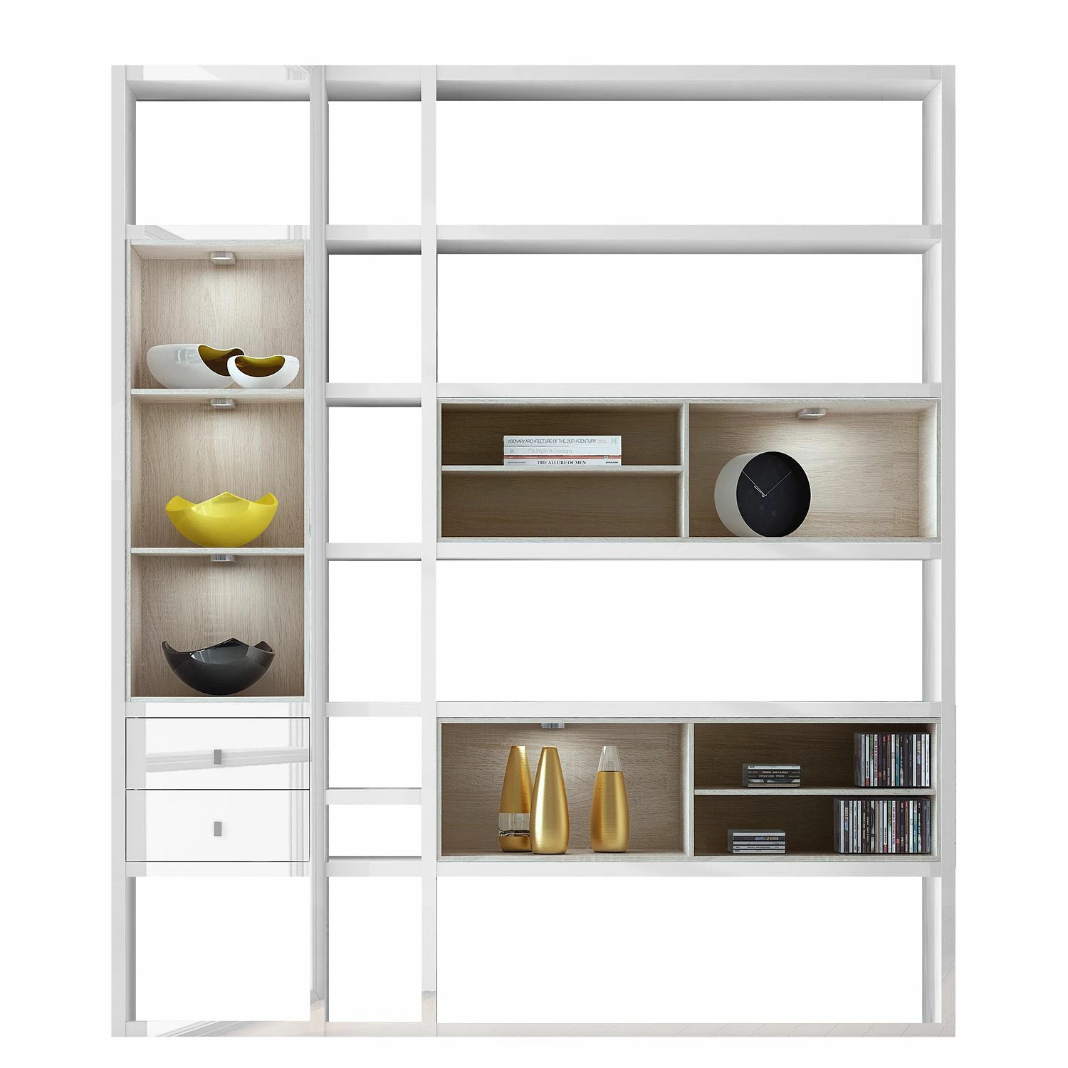 Loftscape Regalwand Emporior III.A - Hochglanz Weiß / Eiche Sonoma Dekor - Mit Beleuchtung 1 Loftscape Regalwand Emporior III.A - Hochglanz Weiß / Eiche Sonoma Dekor - Mit Beleuchtung