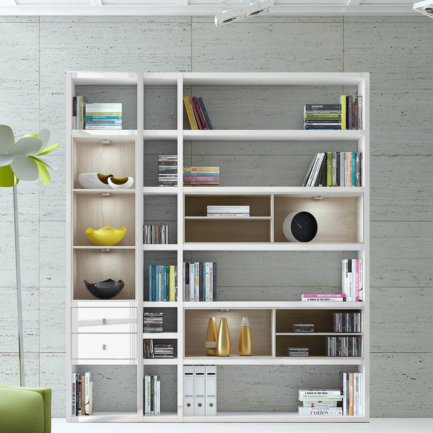 Loftscape Regalwand Emporior III.A - Hochglanz Weiß / Eiche Sonoma Dekor - Mit Beleuchtung 2 Loftscape Regalwand Emporior III.A - Hochglanz Weiß / Eiche Sonoma Dekor - Mit Beleuchtung – Bild 2