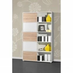 Schiebetürenregal Mingle I - Weiß / Eiche Sonoma Dekor -WOHNZIMMERMÖBEL Verkäufe schiebetuerenregal mingle i weiss eiche sonoma dekor 5029120