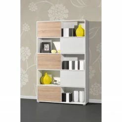 Schiebetürenregal Mingle I - Weiß / Eiche Sonoma Dekor -WOHNZIMMERMÖBEL Verkäufe schiebetuerenregal mingle i weiss eiche sonoma dekor 5029132