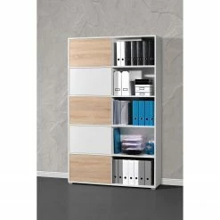 Schiebetürenregal Mingle I - Weiß / Eiche Sonoma Dekor -WOHNZIMMERMÖBEL Verkäufe schiebetuerenregal mingle i weiss eiche sonoma dekor 5029144