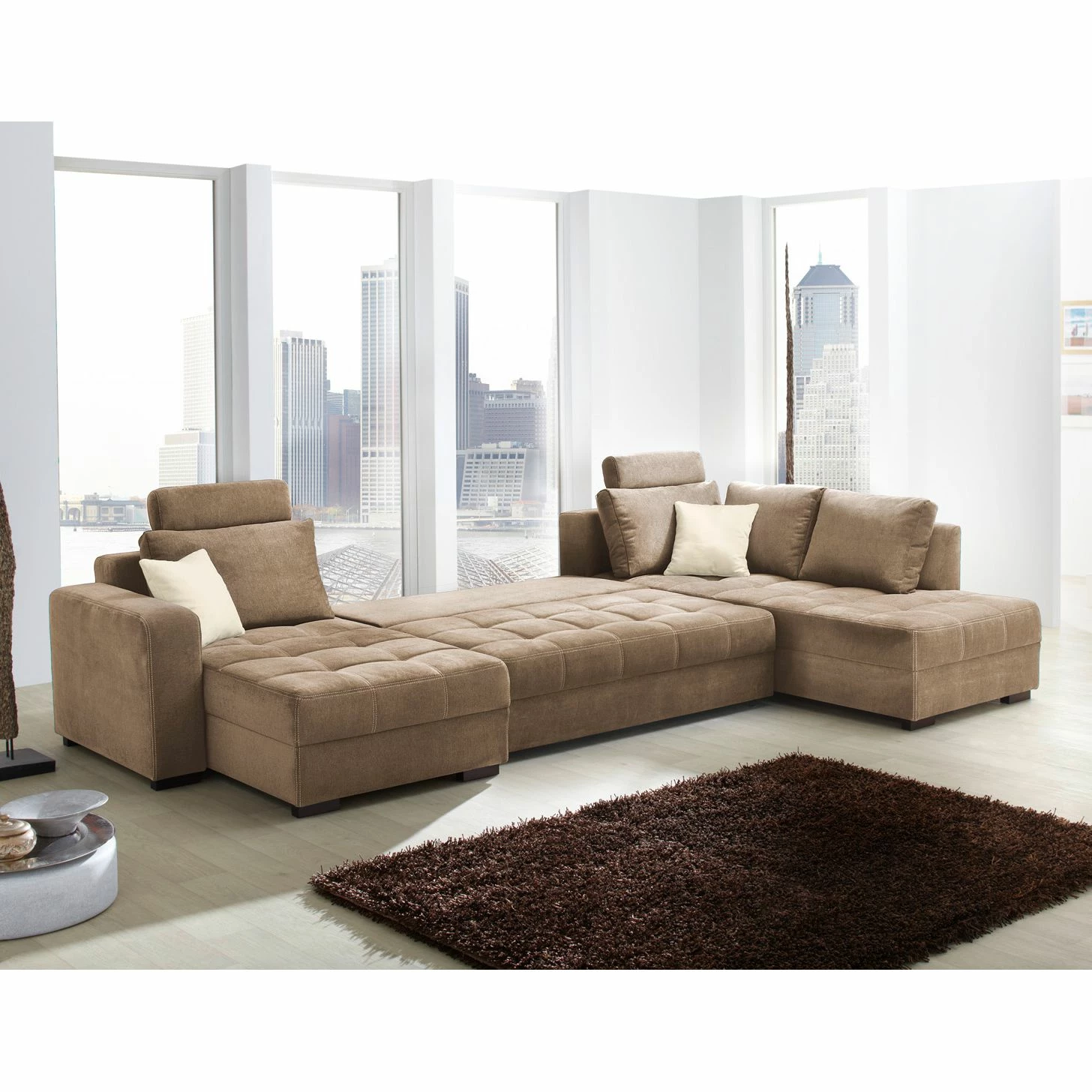 Home Design Wohnlandschaft Antego - (mit Schlaffunktion) Velours Ottomane/Longchair beidseitig montierbar - Hellbraun 5 Home Design Wohnlandschaft Antego - (mit Schlaffunktion) Velours Ottomane/Longchair beidseitig montierbar - Hellbraun – Bild 5