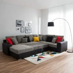 Roomscape Wohnlandschaft Berrings - (mit Schlaffunktion) - Kunstleder / Strukturstoff Schwarz / Grau - Longchair davorstehend links -WOHNZIMMERMÖBEL Verkäufe wohnlandschaft berrings mit schlaffunktion kunstleder strukturstoff schwarz grau longchair davorstehend links 4993848